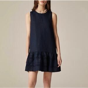 NWT J.Crew Maxine Ruffle-Trim Dress In 100% Linen Navy Blue Size XXS Petite
